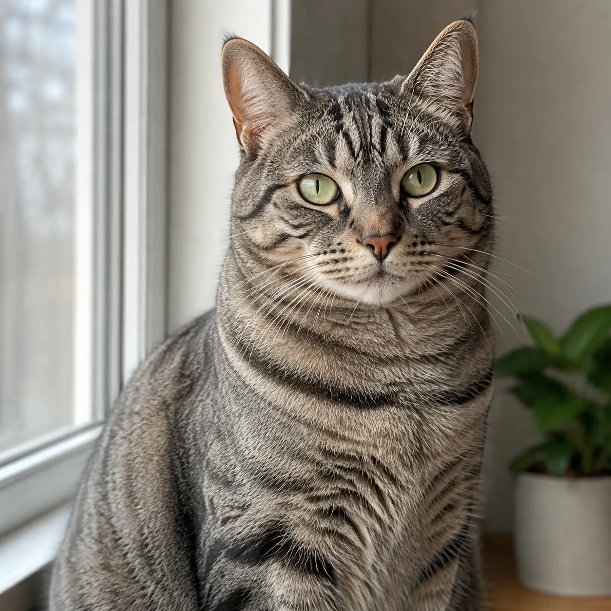 Original photo of a grey tabby cat sitting by a window