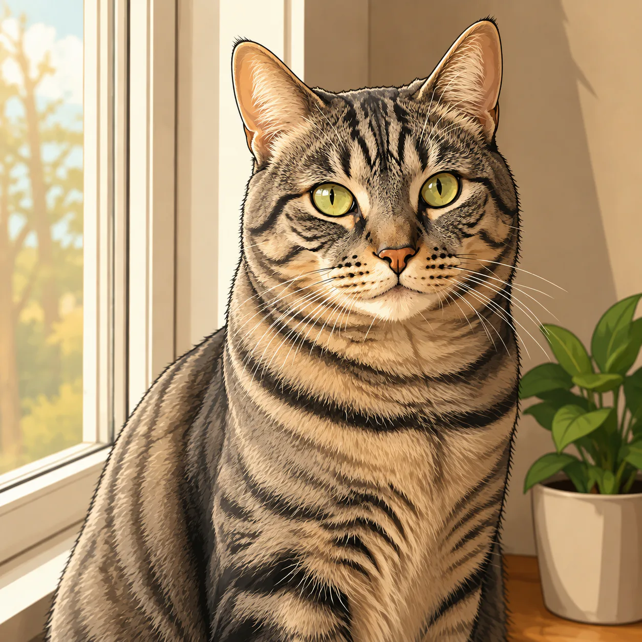 Cartoon painting of a tabby cat by a window