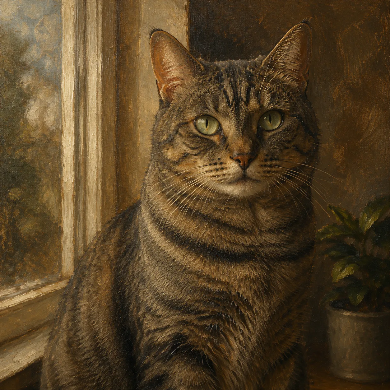 Classical oil painting of a tabby cat by a window