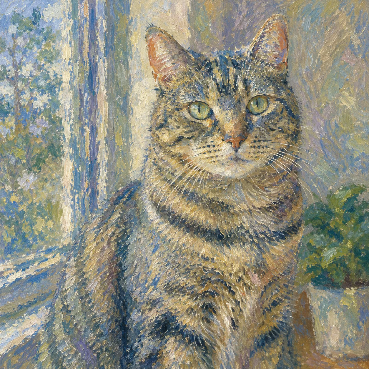Monet Impressionist painting of a tabby cat by a window