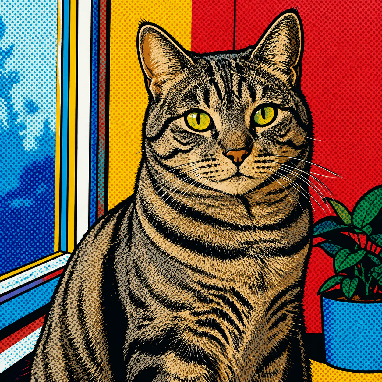Pop Art painting of a tabby cat by a window