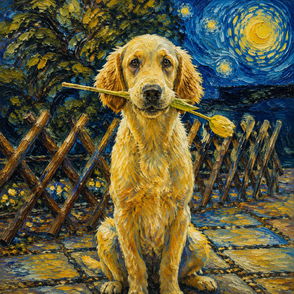 Van Gogh-style oil painting of a golden retriever with a flowering branch