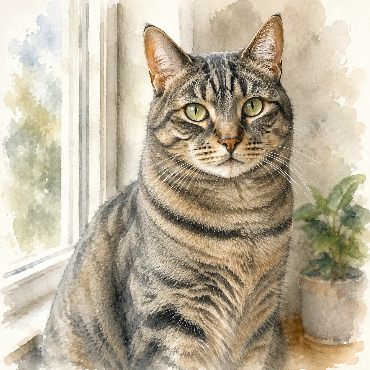 Watercolour painting of a tabby cat by a window