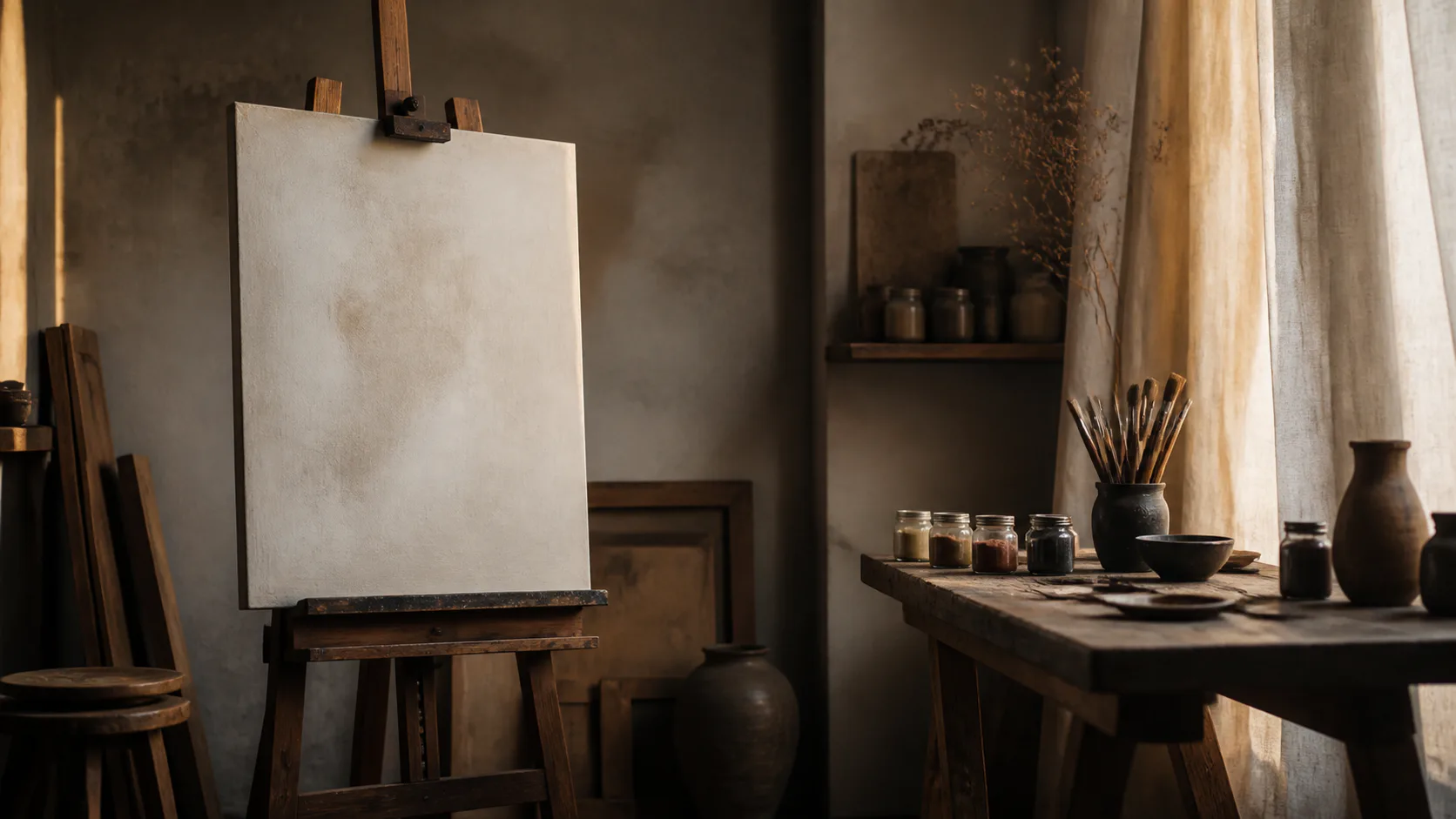 Illustrative studio and easel; not an actual artist profile