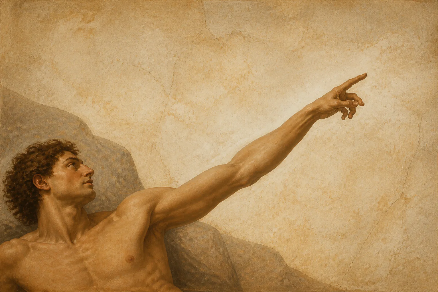 Classical figure reaching toward the sky