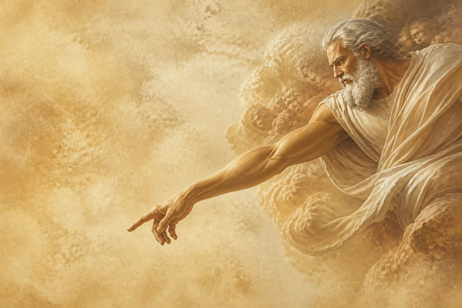 Classical figure reaching through warm golden clouds